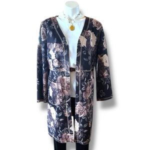 Solitaire Antropologie Open Front Faux Suede Black & Floral Jacket Large Perfect